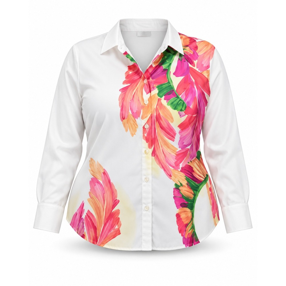 Chico's Size 1.5 White Tropical Floral Leaf Print Button Down Shirt Top Large